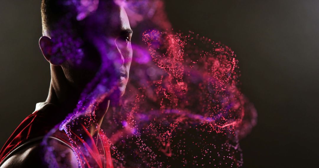 Dynamic Red Particles with Male Basketball Player Background