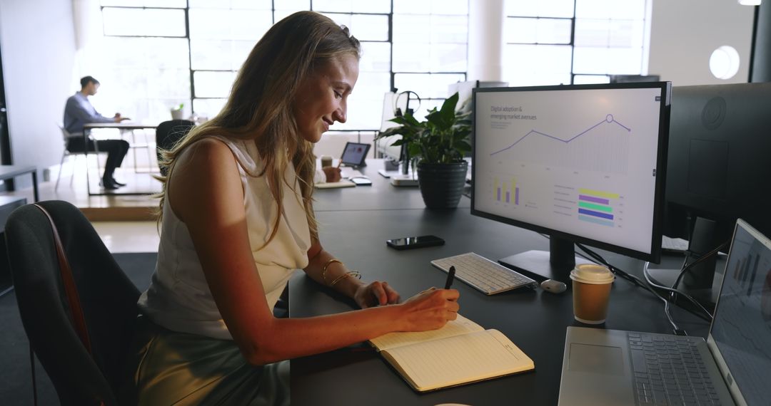 Female Analyst Reviewing Data on Computer in Modern Office Setting