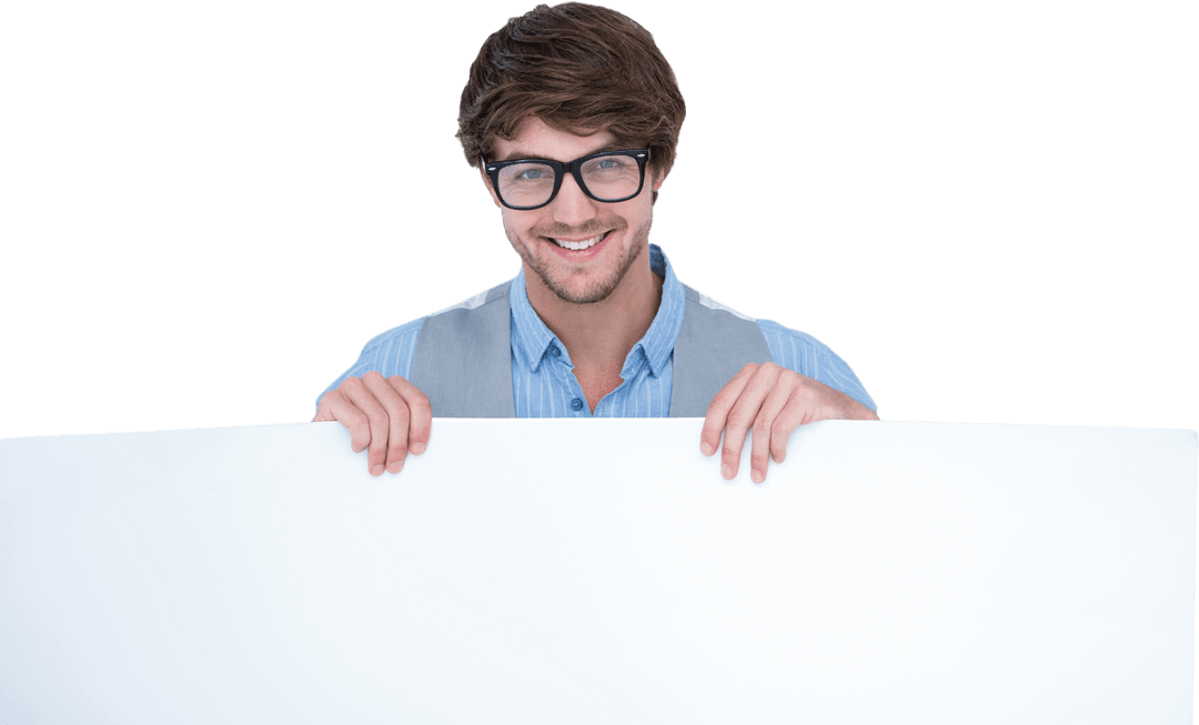 Smiling Man Holding Transparent Blank Banner for Copy Space