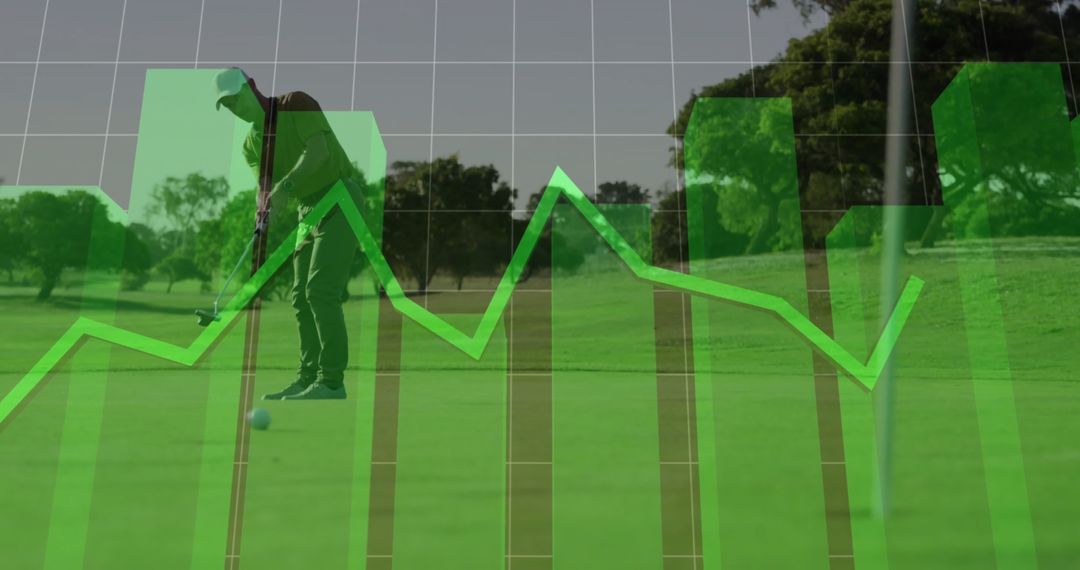 Golfer Analyzing Data Overlay On Putting Green With Financial Insights