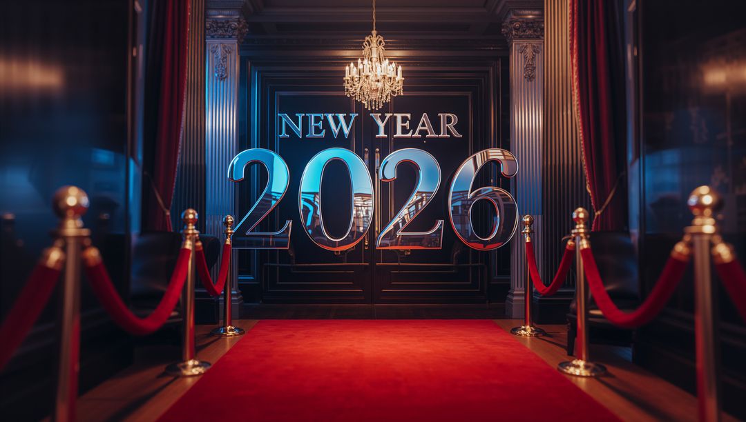 Luxury New Year 2026 Red Carpet Entrance with Chrome Numerals and Crystal Chandelier