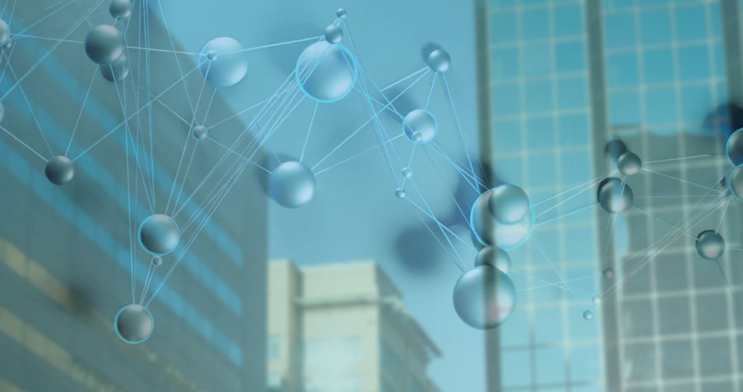 Digital Network Spheres Overlay on Urban Cityscape with Skyscrapers