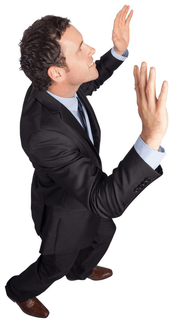 Transparent Businessman Raising Arms Upward in Gesture