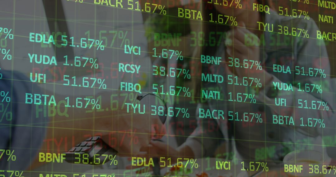 Business Meeting with Stock Ticker Display Overlay Teamwork Finance