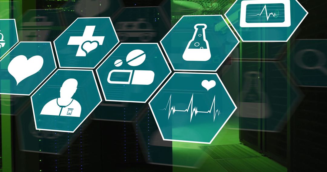 Healthcare Technology Icons Overlaying Data Servers