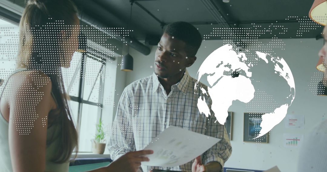 Collaborative Business Team Analyzing Global Market Data in Modern Office