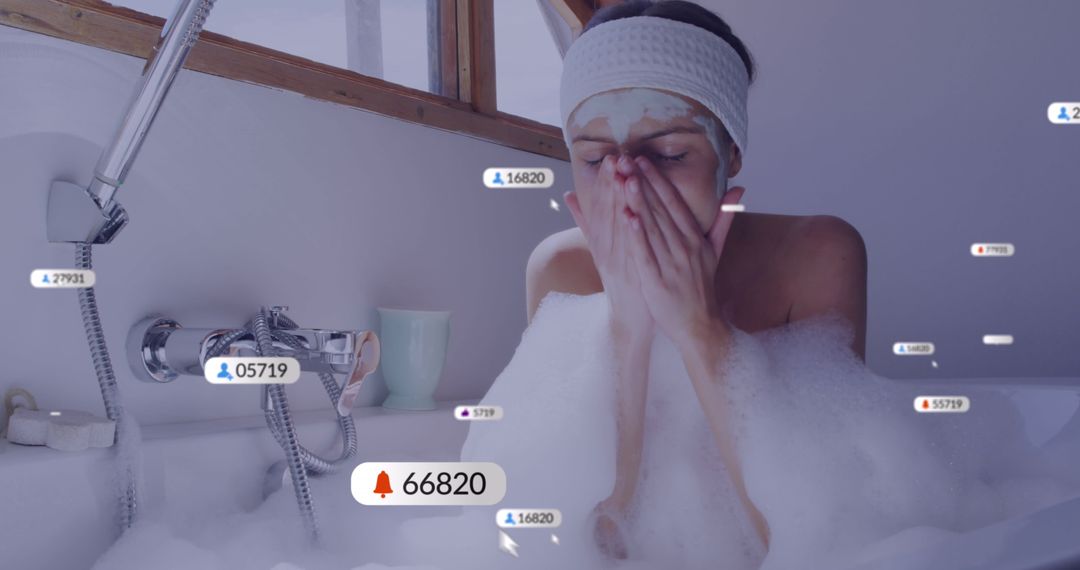 Woman Taking Relaxing Bath with Social Media Notifications