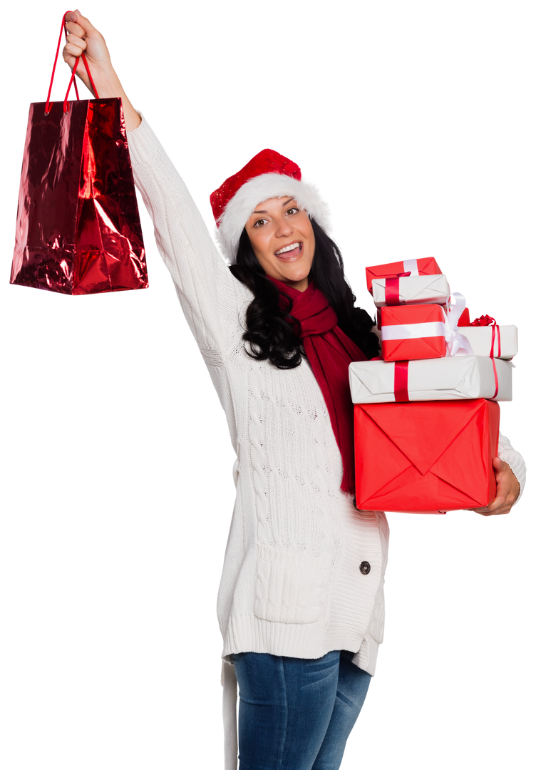 Smiling Woman with Transparent Holiday Gifts Holding Bags - Download Free Stock Images Pikwizard.com