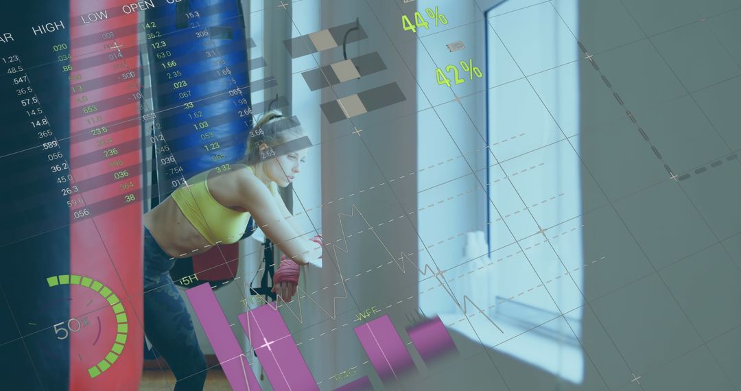 Caucasian Woman in Gym with Data Visualization Overlay