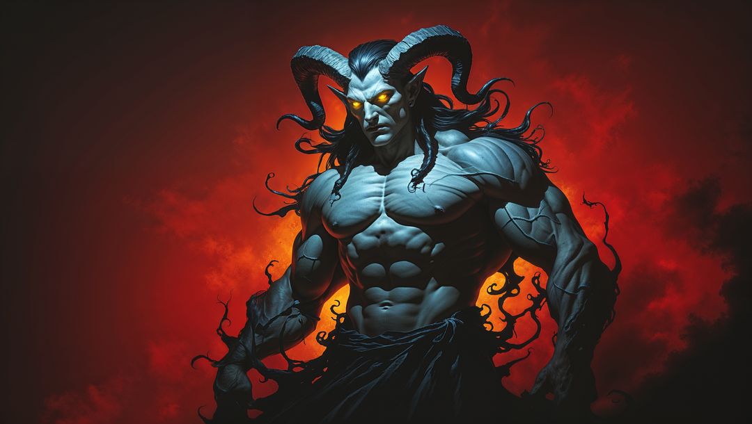 Mythical satan sinister pose with fiery backdrop