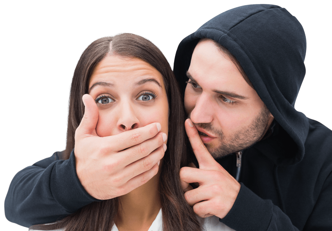 Surprised Woman's Mouth Covered by Mysterious Man on Transparent Background