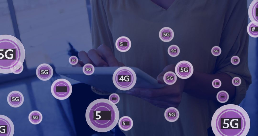 Businesswoman Using Tablet with 5G Technology Icons Overlaid