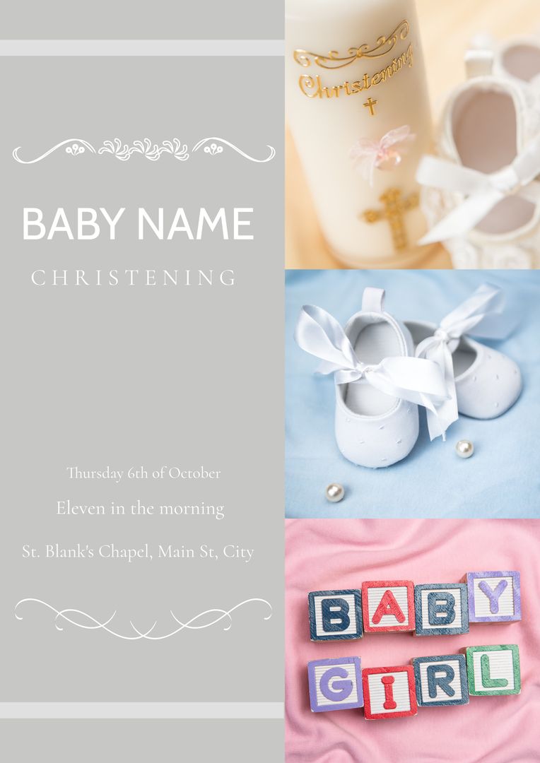 Soft-hued Christening Invite Template with Baby Shoes and Blocks - Download Free Stock Templates Pikwizard.com