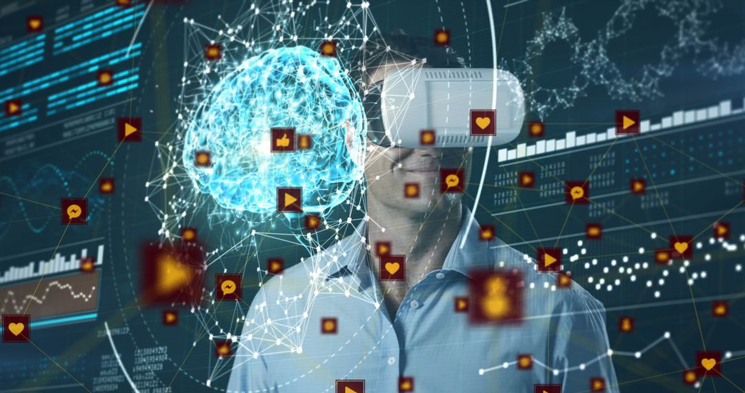 Man Using VR Headset Interacting with Digital Network