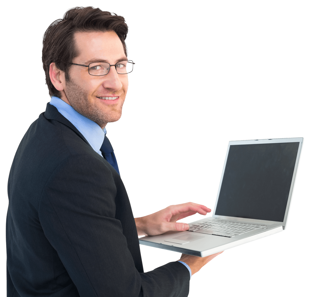 Transparent businessman smiling while using laptop