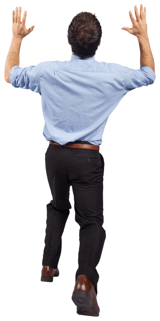 Transparent Businessman Lifting Arms Enthusiastically on White
