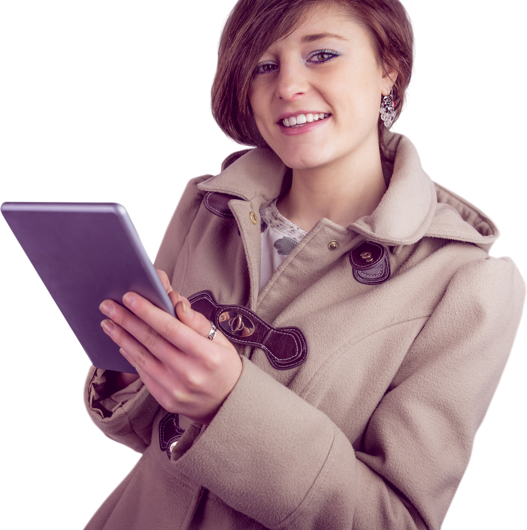 Smiling Woman with Tablet in Winter Coat on Transparent Background - Download Free Stock Images Pikwizard.com