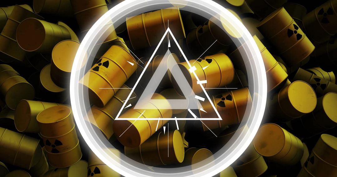 Radioactive Waste Barrels with Hazard Symbol and Glowing Triangle