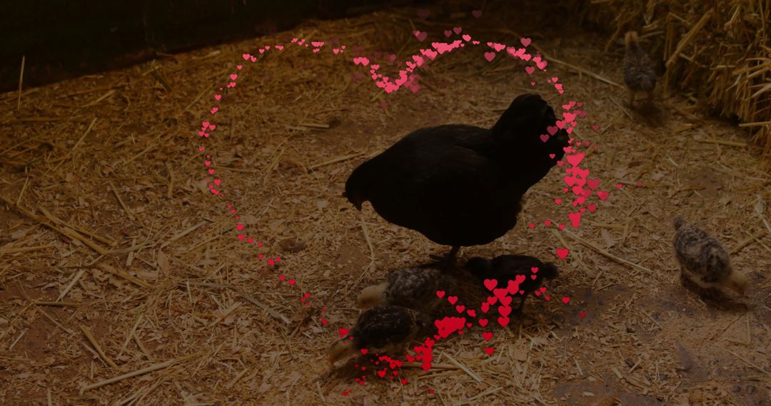 Black Hen Sheltering Chicks Amid Red Heart Overlay in Cozy Coop