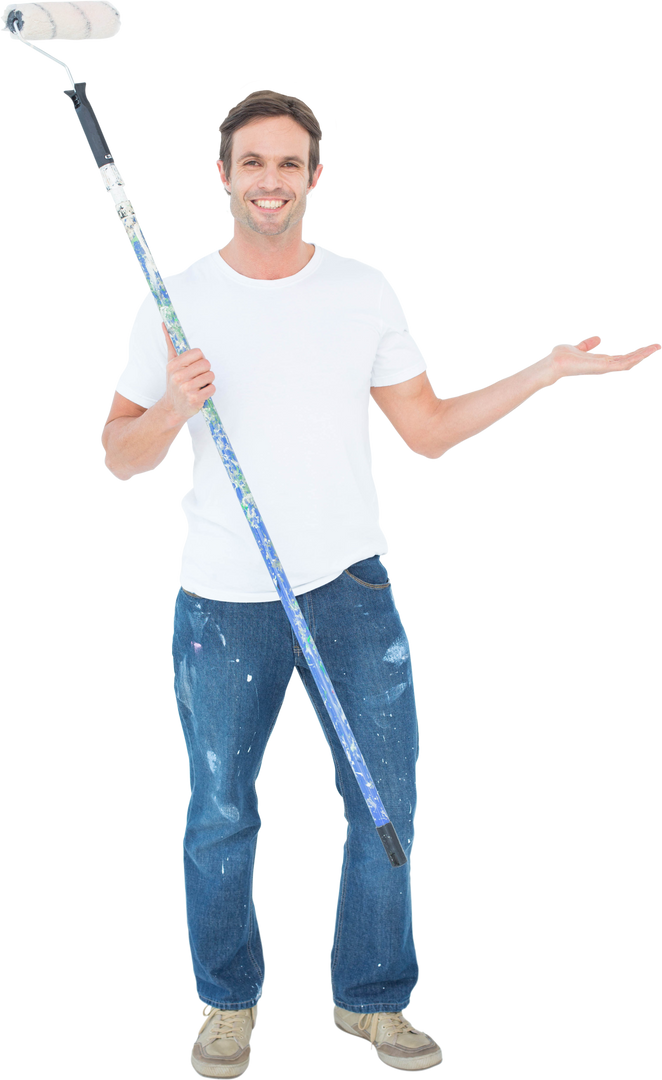 Smiling Man Gesturing with Paint Roller on Transparent Background - Download Free Stock Images Pikwizard.com