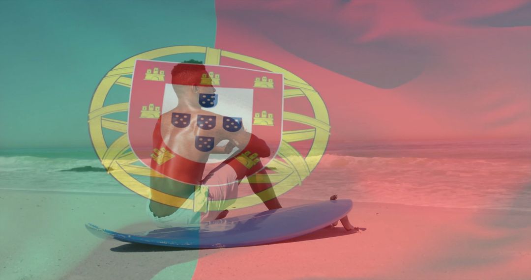 Surfer Sitting on Beach with Portugal Flag Overlay