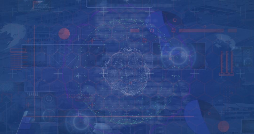 Wireframe globe with data nodes in futuristic interface