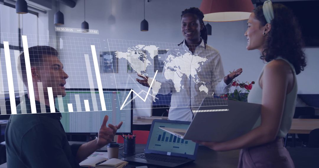 Professional Team Collaborating with Holographic Data Visualizations