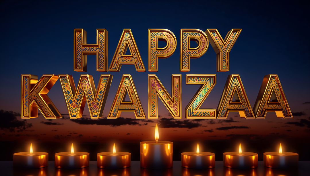 Glowing Ornate HAPPY KWANZAA Letters Casting Warm Glow on Glossy Stage with Seven Candles