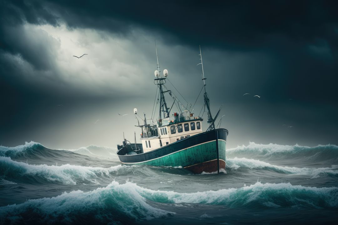 Image of fish cutter on sea and seagulls over dark clouds, created using generative ai technology - Free Images, Stock Photos and Pictures on Pikwizard.com