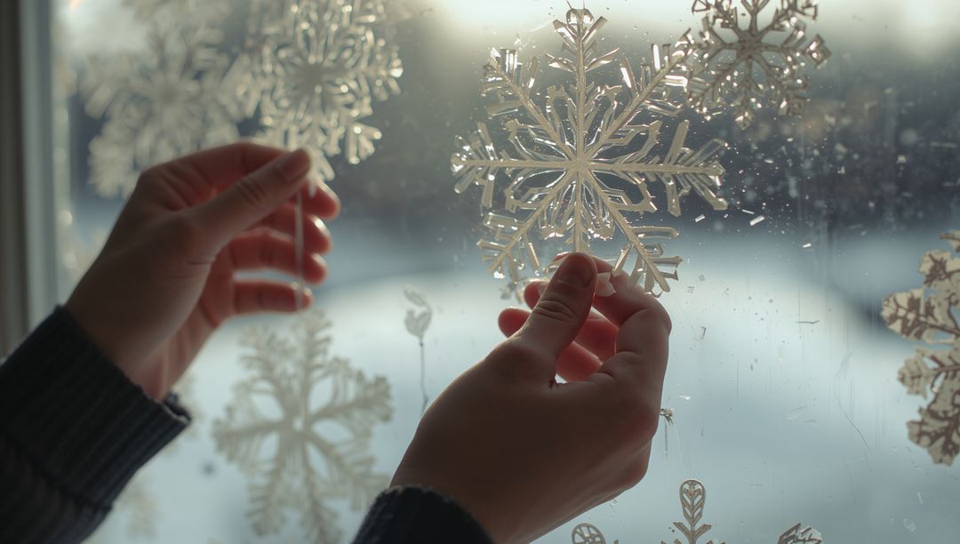 Hands Decorating Winter Window with Snowflake Decals