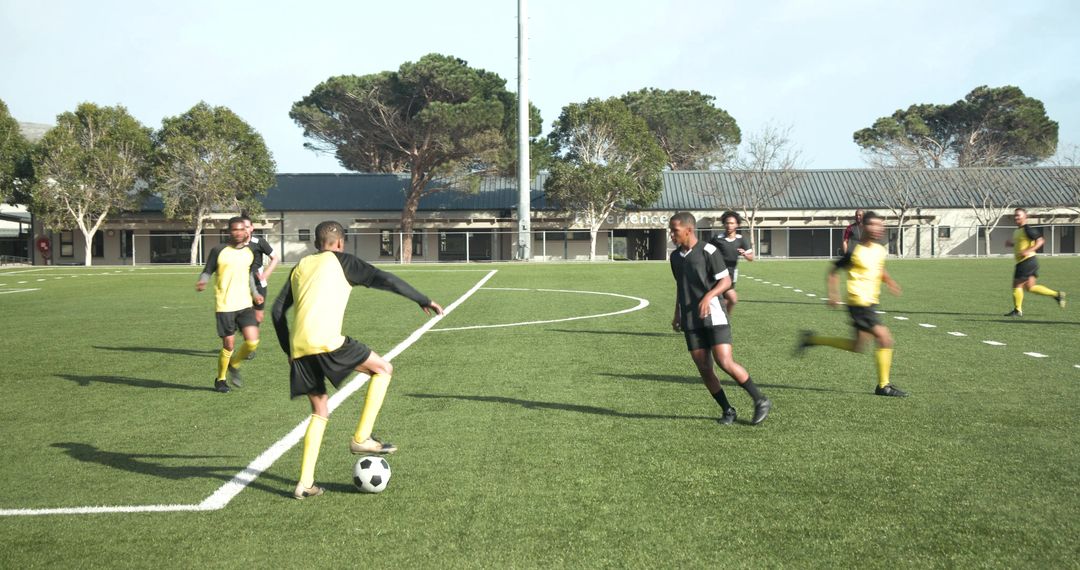 Soccer Players Demonstrating Teamwork and Strategy on Field