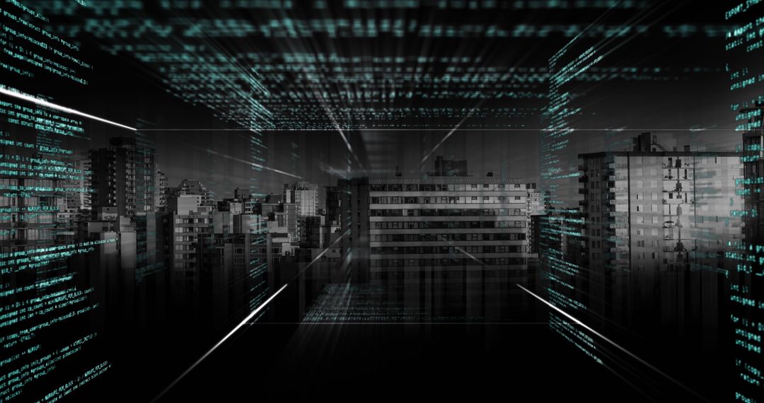 Cityscape with Digital Data Overlay Symbolizing Modern Technology