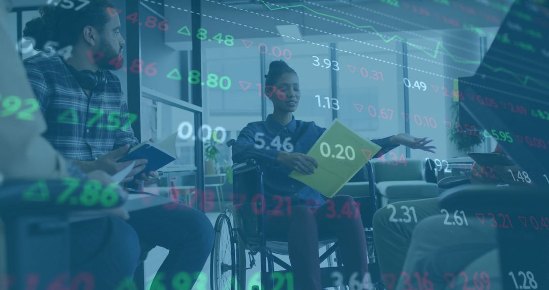 Wheelchair User Leading Finance Meeting with Overlapping Stock Graphics