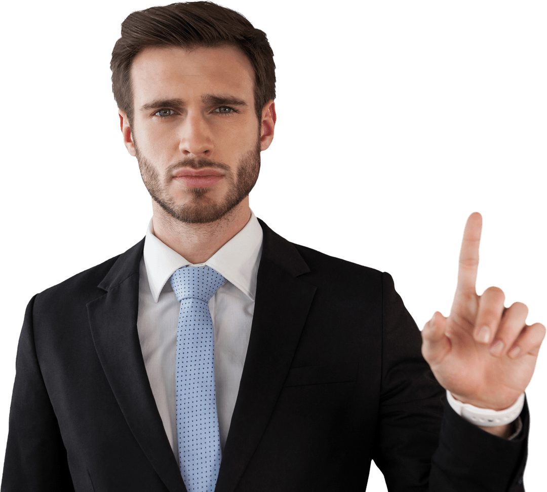 Businessman pointing transparent interface with serious expression