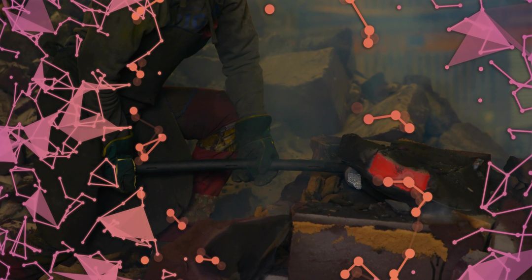 Blacksmith Forging Glowing Billet with Tongs in Industrial Workshop with Pink Mesh Overlay