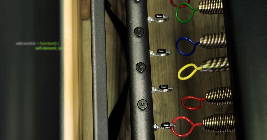 Displaying vertical metal rail with color-coded coil springs and loop handles on wood panel