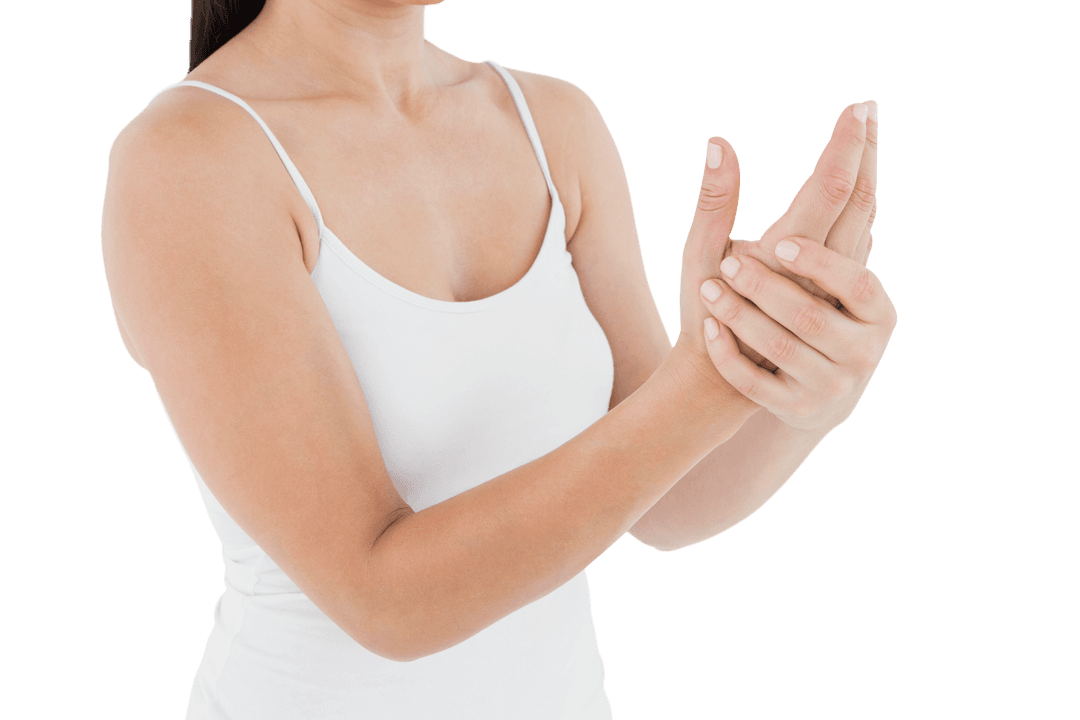 Woman in White Tops Suffering Hand Pain on Transparent Background