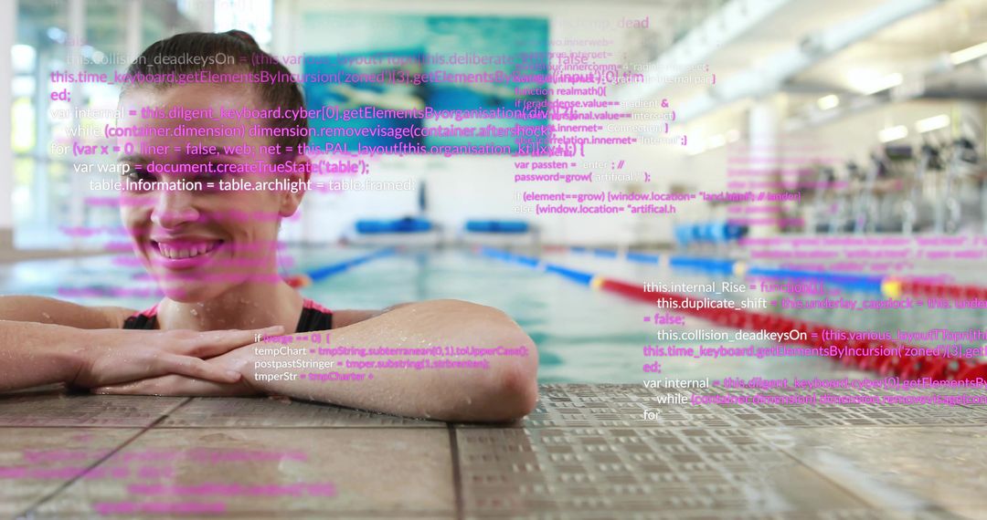 Relaxed smiling swimmer leaning on pool edge with code overlay merging sport and technology