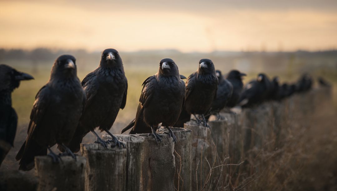 Ravens Perching on Fence Posts at Sunset in Grassy Field