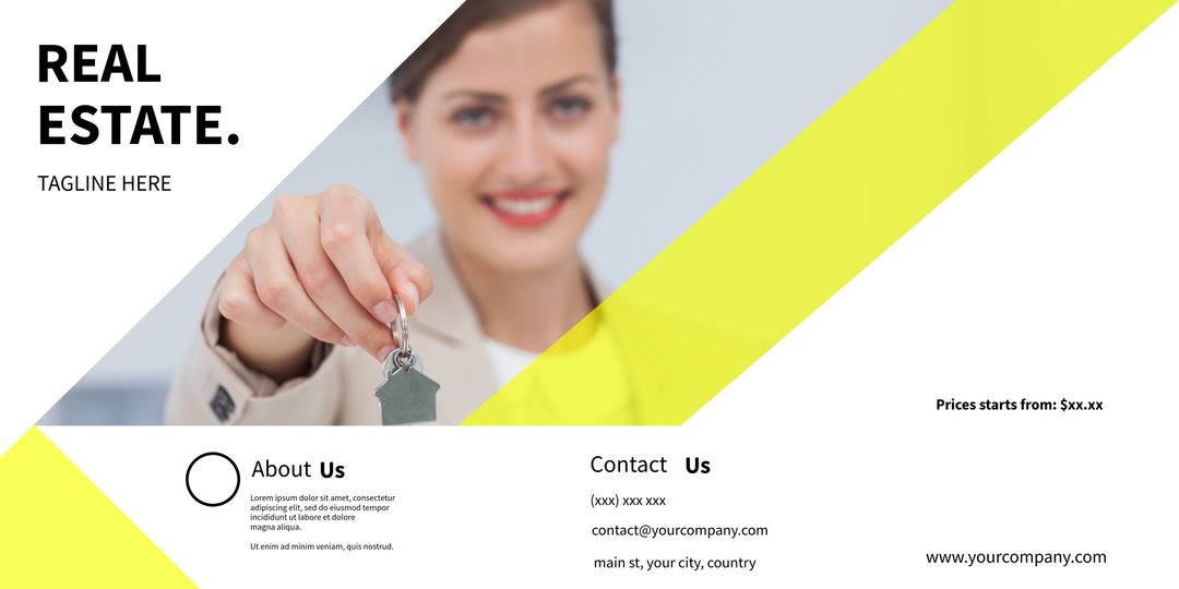 Real Estate Agent Holding Keys in Modern Promotional Template