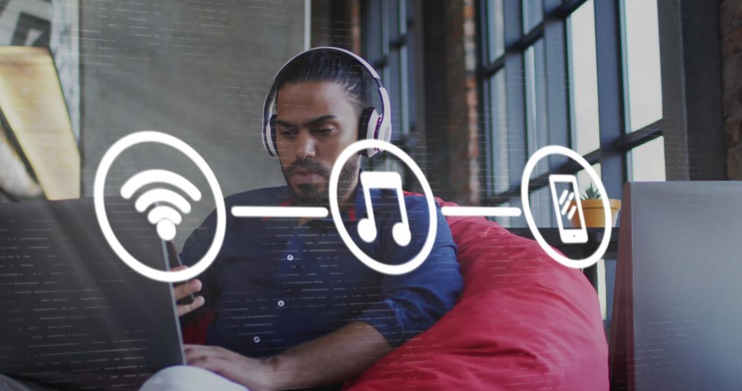 Man Using Smartphone with Digital Network Graphics Overlay