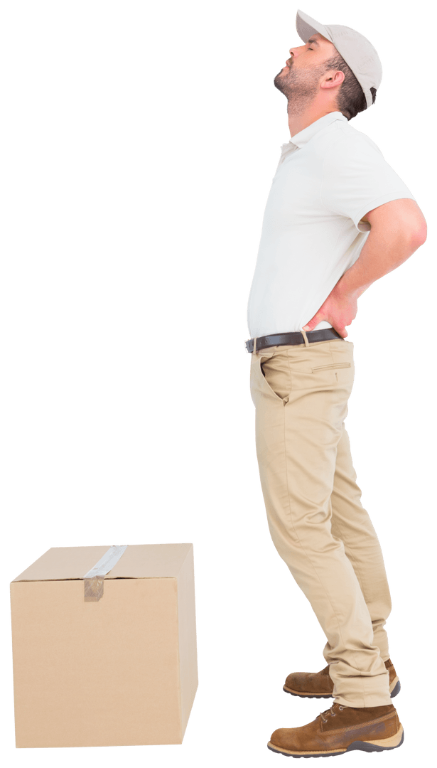 Transparent Delivery Man Wincing from Back Pain With Cardboard Box