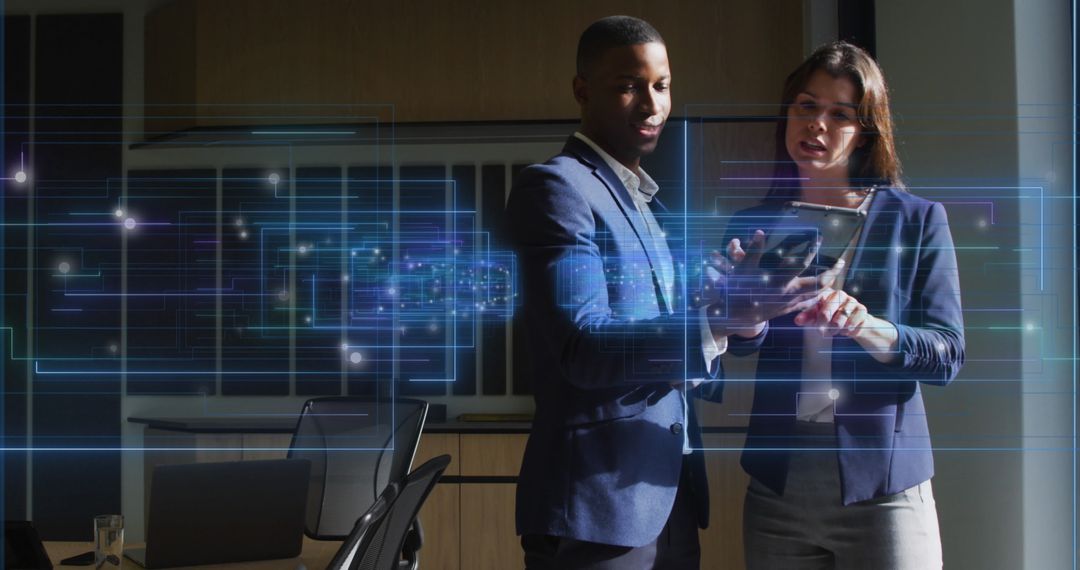 Business Professionals Collaborating with Digital Technology Interface