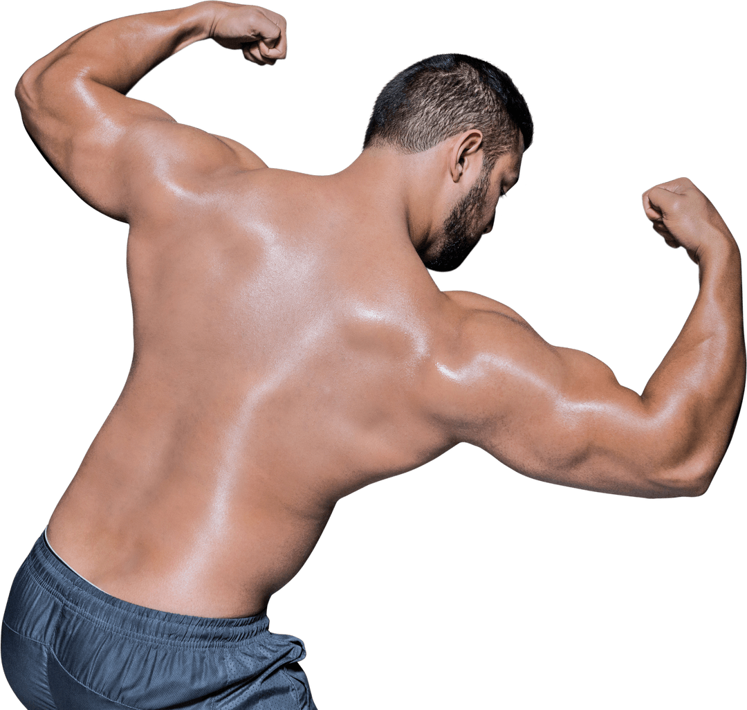 Transparent Muscular Back Flexing Strong Physique Hands Raised