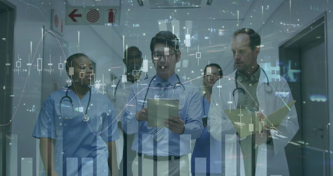 Medical Team Reviewing Data in Hospital Corridor with Digital Overlay