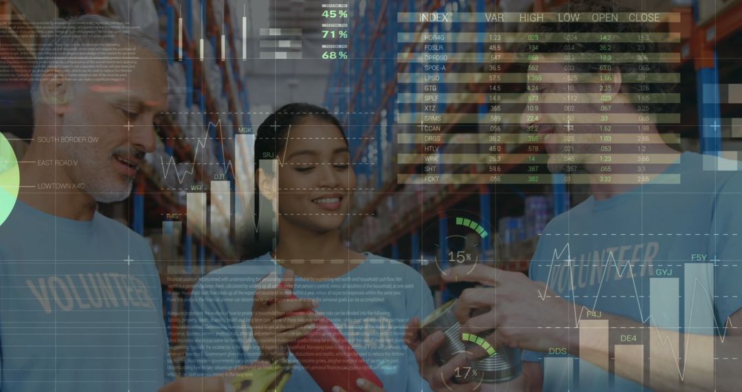 Volunteers Managing Donation Bags with Data Overlays