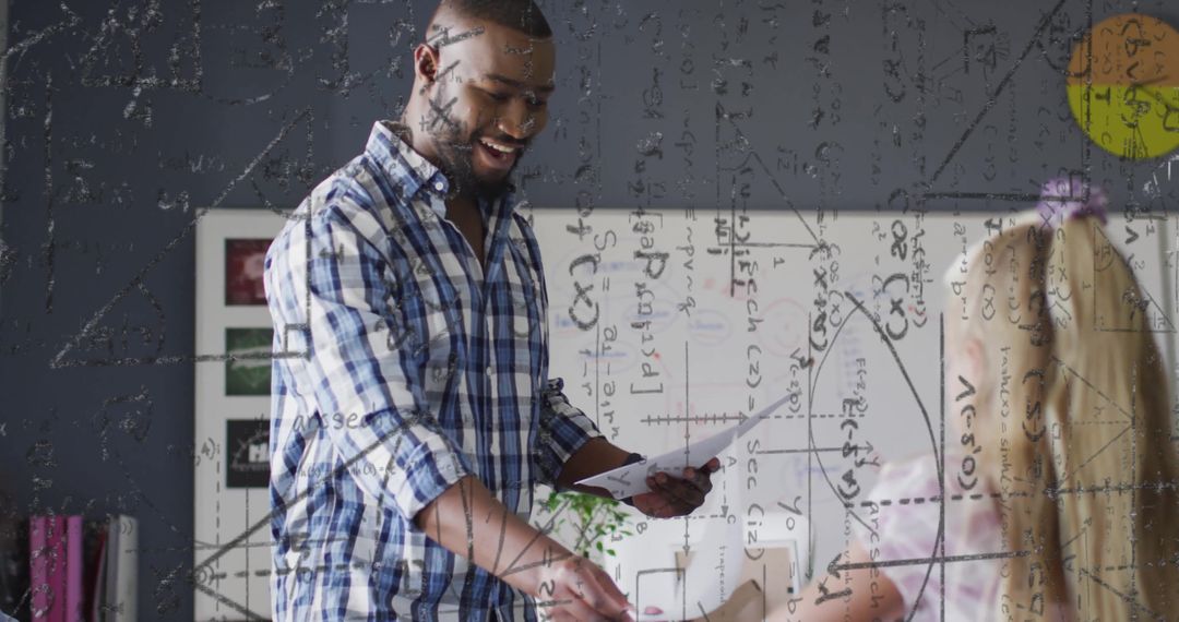 Smiling Teacher Distributing Exams with Overlay of Equations