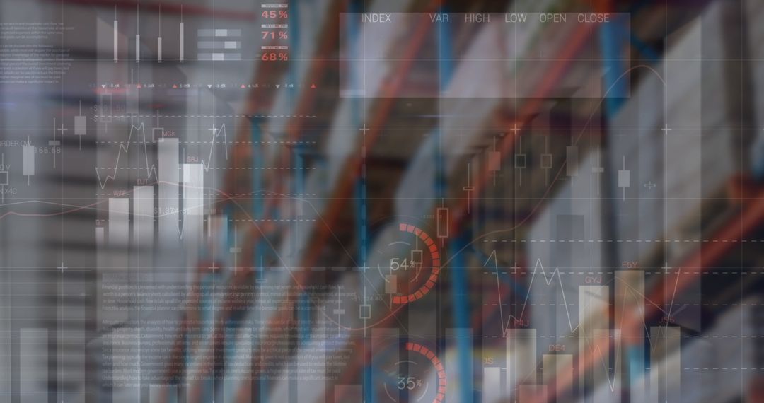 Financial Data Graphics Overlay on Empty Industrial Warehouse