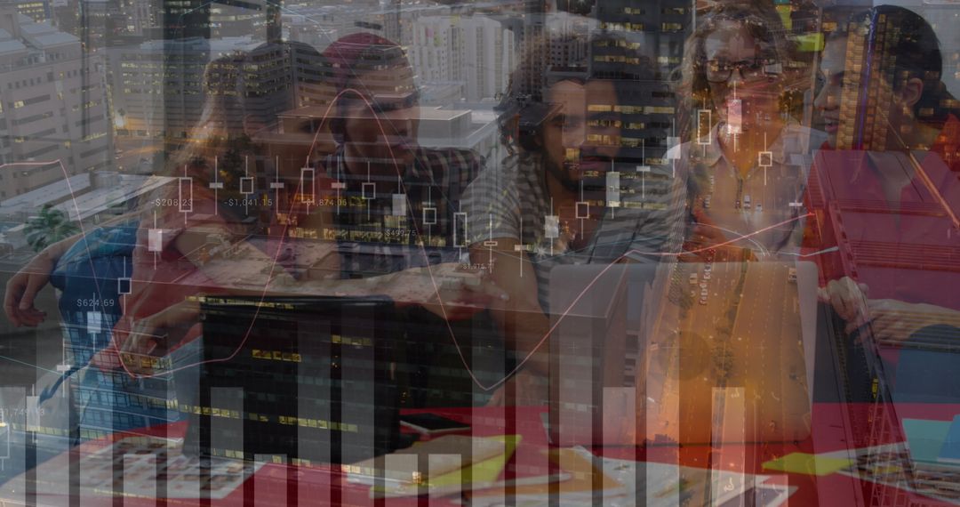 Diverse Team Analyzing Global Financial Data with Urban Landscape