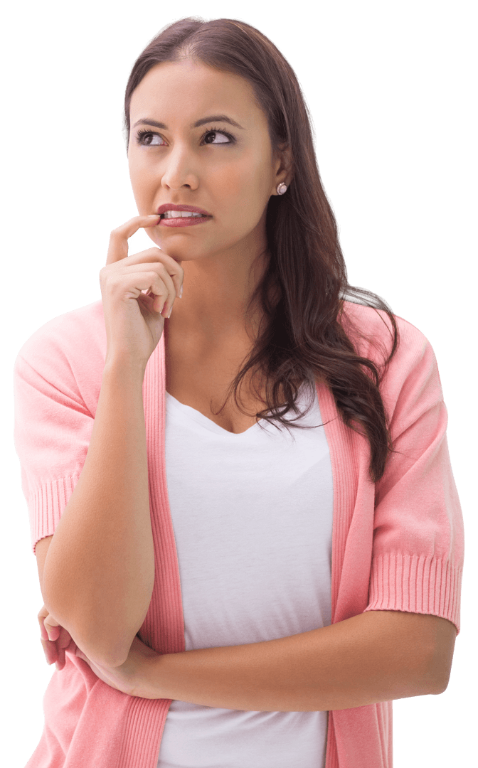 Transparent woman contemplating with finger near mouth